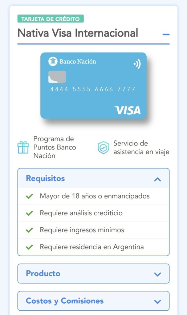 requisitos tarjeta de credito visa nativa banco nacion